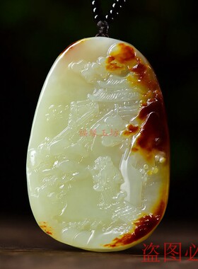 天然新疆和田玉籽料山水玉牌吊坠大好河山项链坠挂件平安牌民族风