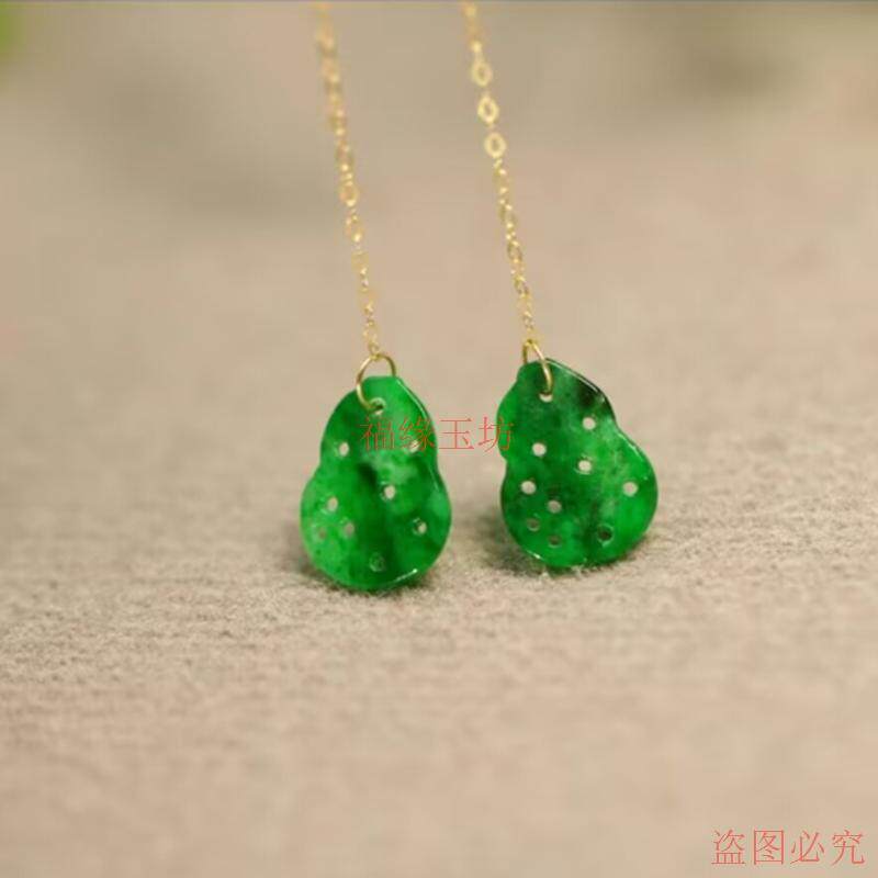 精品缅甸翡翠耳坠925银镀18K金镶嵌耳线满绿镂空雕花葫芦耳环