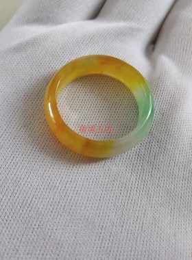 精品缅甸翡翠指环冰种黄翡飘绿戒指男女同款素圈戒圈玉石手饰