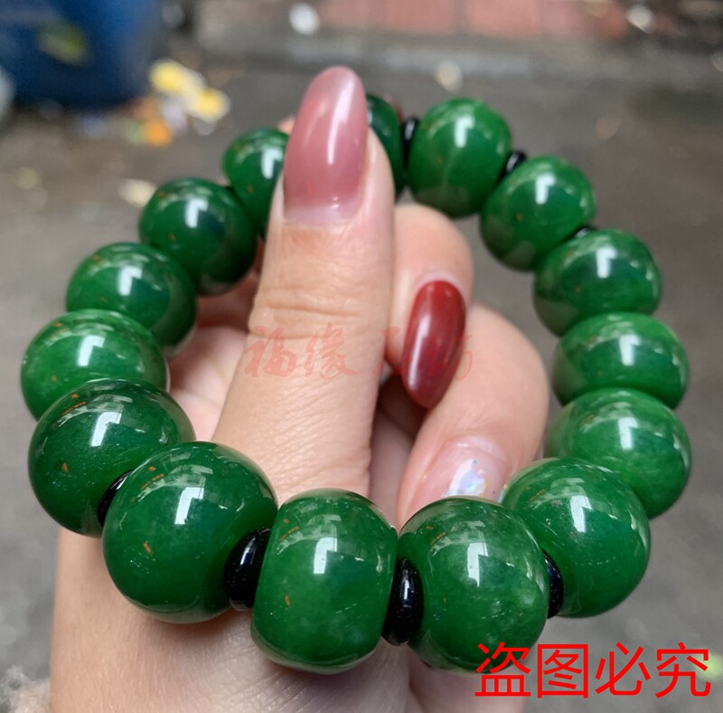 缅甸老坑祖母绿翡翠干青算盘珠手链满绿铁龙生翡翠手串男女款