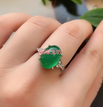925纯银镶嵌天然绿玉髓戒指女开口可调节玛瑙菠菜绿原创设计礼物