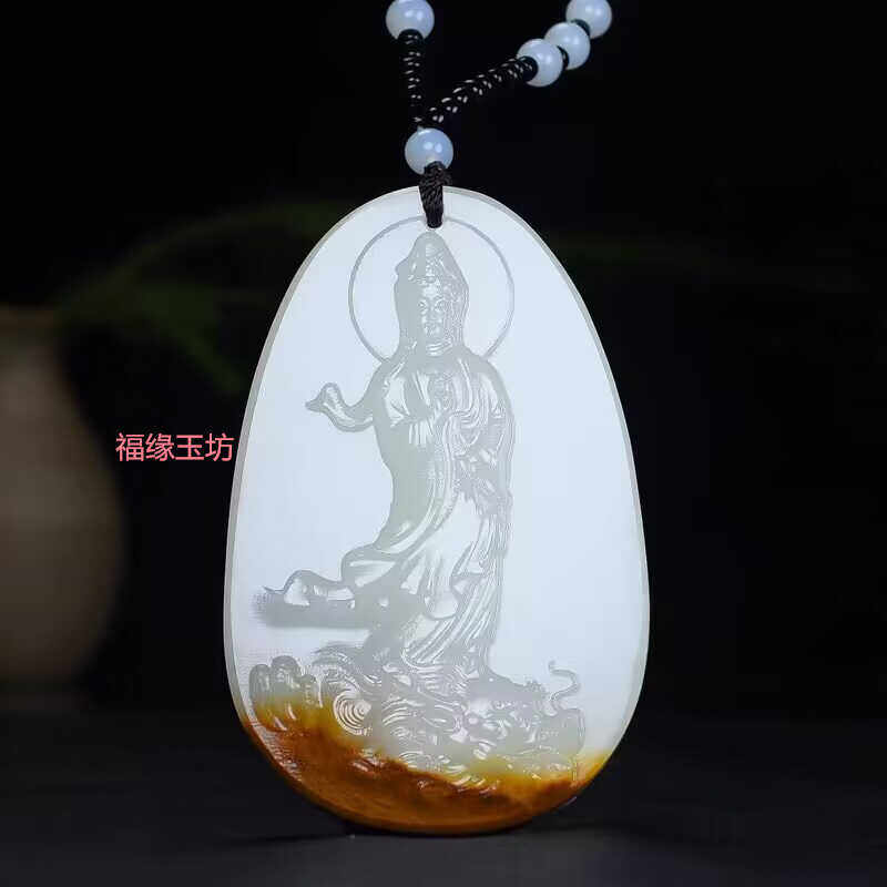 新疆羊脂玉玉观音白玉籽料山料黄皮和田玉乘龙观音吊坠男女款玉坠