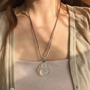 新中式天然高冰种大佛公玉髓吊坠女毛衣链手工雕刻招财纳福