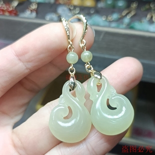 耳饰 和田玉冰底青黄口天鹅耳坠14k包金耳钩小众设计感女款