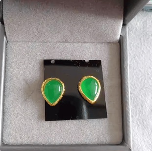 时尚翡翠冰种帝王绿耳钉银镀金镶边送女友