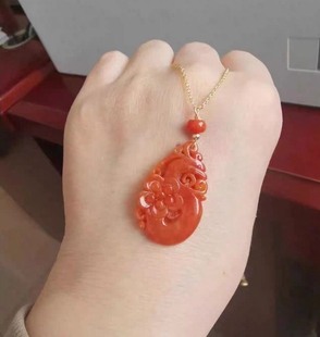 原创翡翠红翡镂空如意花牌吊坠14k金万能水滴项链挂件送妈妈