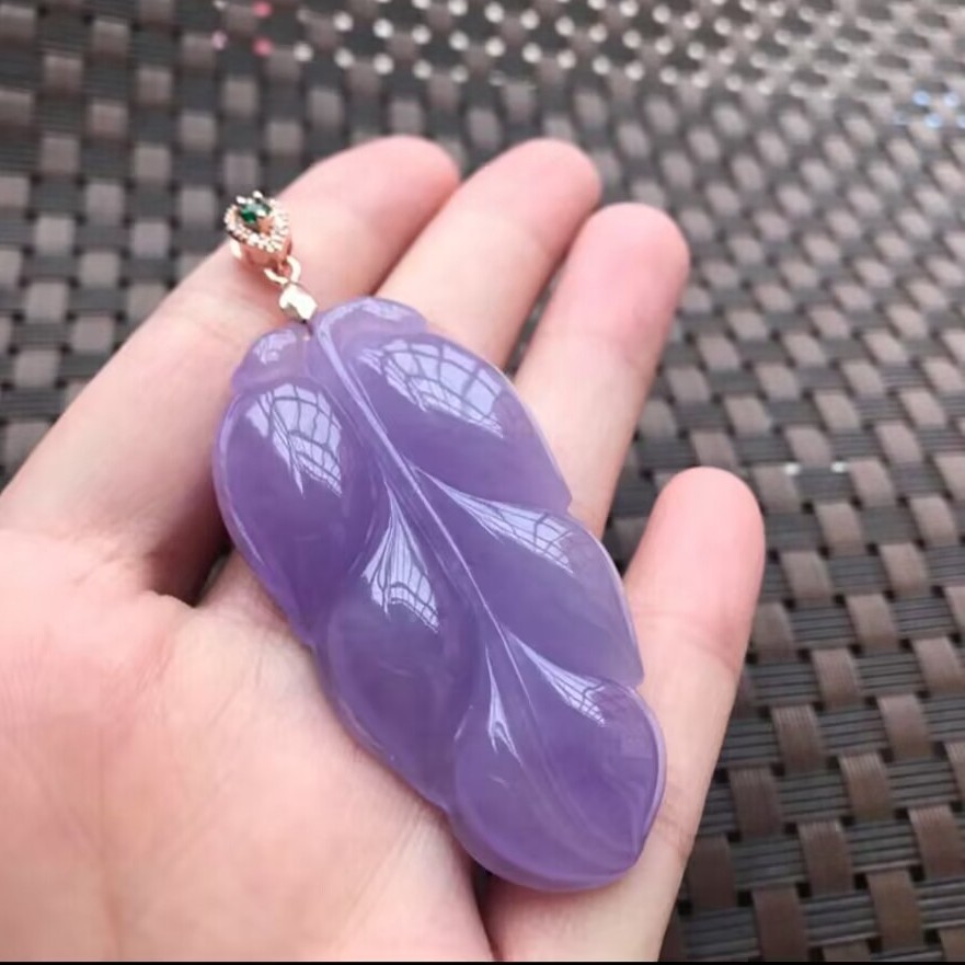 精品缅甸翡翠紫罗兰树叶玉石吊坠冰种满紫色挂件玉石坠子颈饰