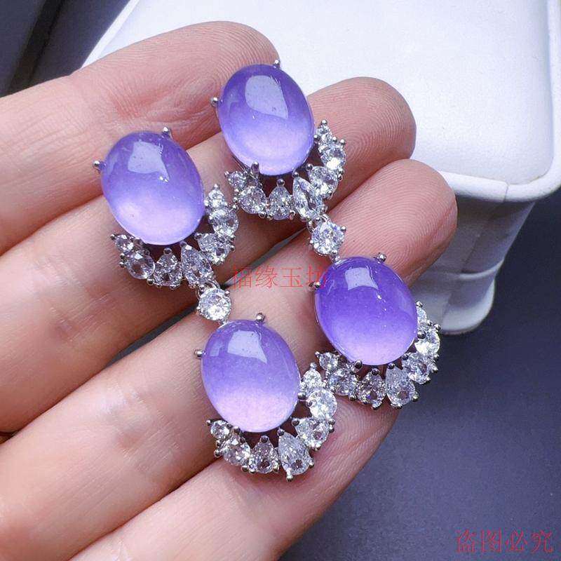 精品精品缅甸翡翠耳钉紫罗兰椭圆形10*12mm耳坠精致女款耳环