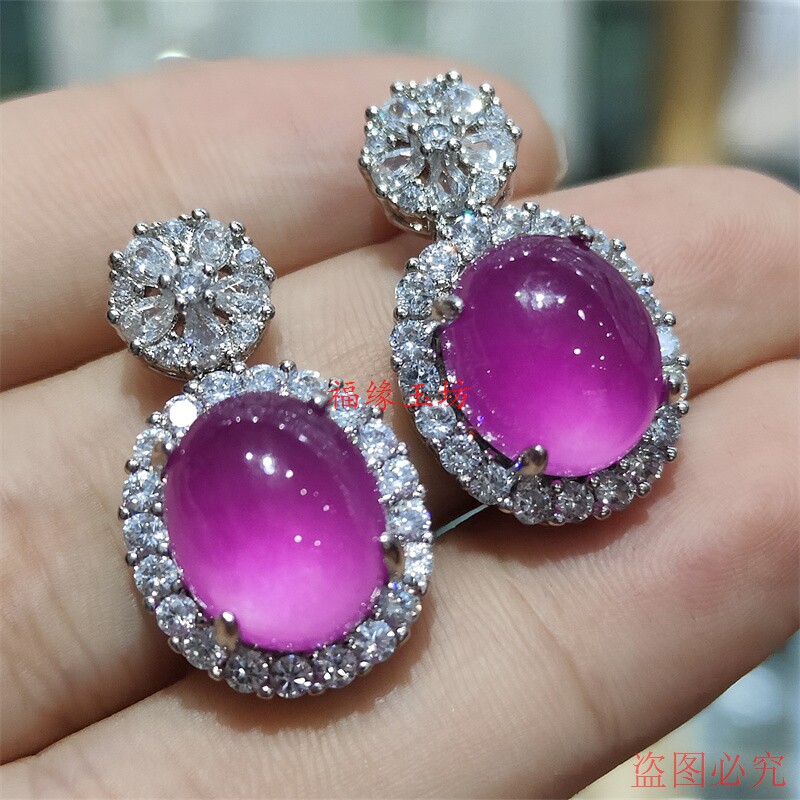 新品缅甸冰种翡翠耳钉镶嵌耳环耳饰大蛋面鸽子蛋紫罗兰耳环耳坠