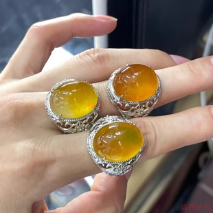 缅甸黄翡翠色戒指鸽子蛋925银镶嵌男款戒指大号扳指招财黄翡指环