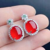 原创冰种红翡翠耳钉18k金镶嵌耳饰缅甸a货正品 蛋面满绿耳坠女耳环