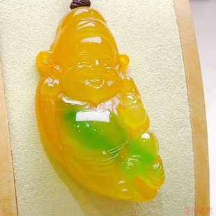 精品缅甸翡翠色冰糯种黄翡飘绿财神冰透水润精细雕刻招财玉石吊坠