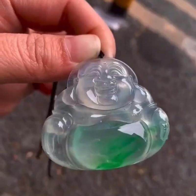 精品冰种翡翠项链飘绿花佛公吊坠冰润通透雕工细腻男女款笑佛