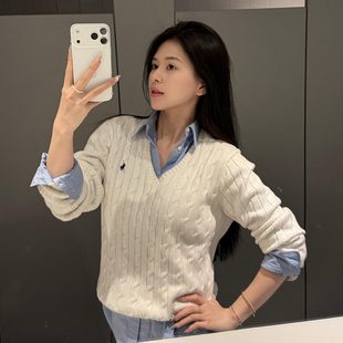 现货拉夫女士V领毛衣新款RL套头长袖纯棉麻花针织衫内搭上衣秋冬