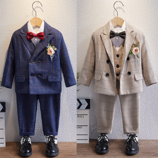 儿童西装套装男童帅气英伦春秋款韩版格子小西服宝宝花童周岁礼服