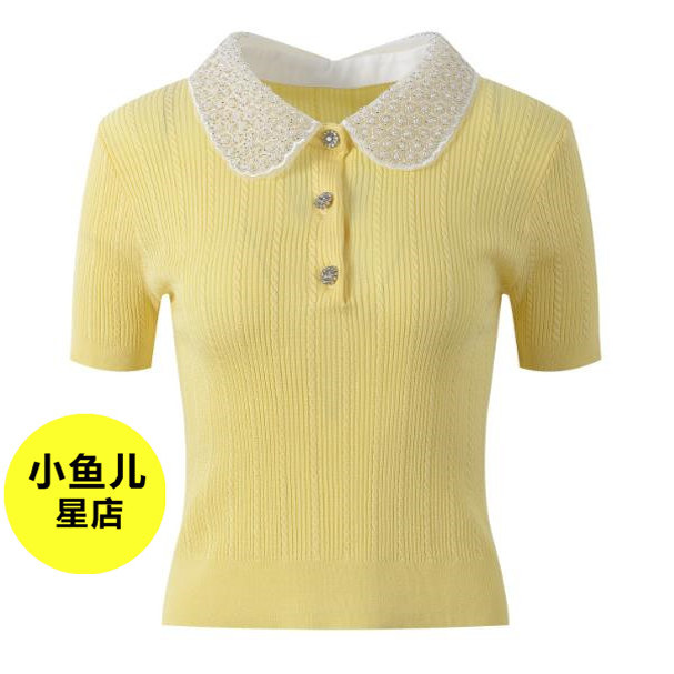 法式浪漫春夏款重工珍珠饰娃娃领显瘦温柔风气质百搭减龄针织T恤