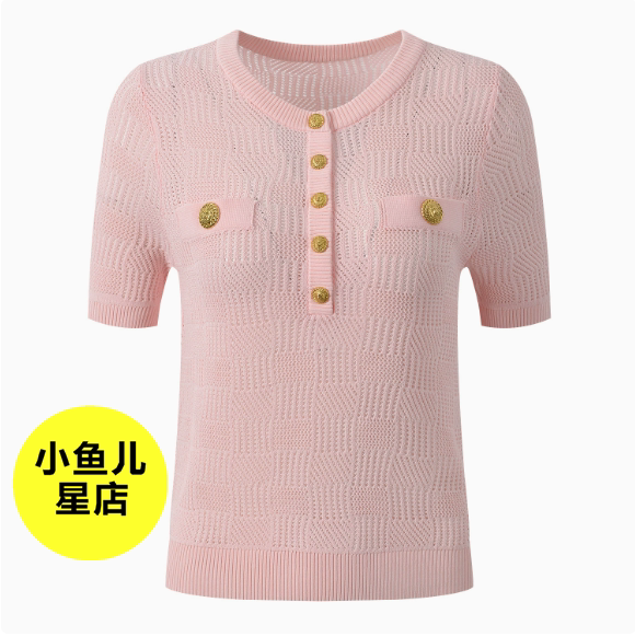 法式浪漫夏季款时尚气质圆领单排扣金属扣镂空套头短袖针织衫上衣