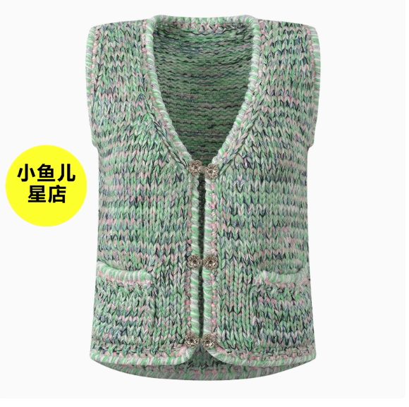 法式浪漫名媛小香风气质重工花朵扣彩纱修身短款针织背心开衫上衣