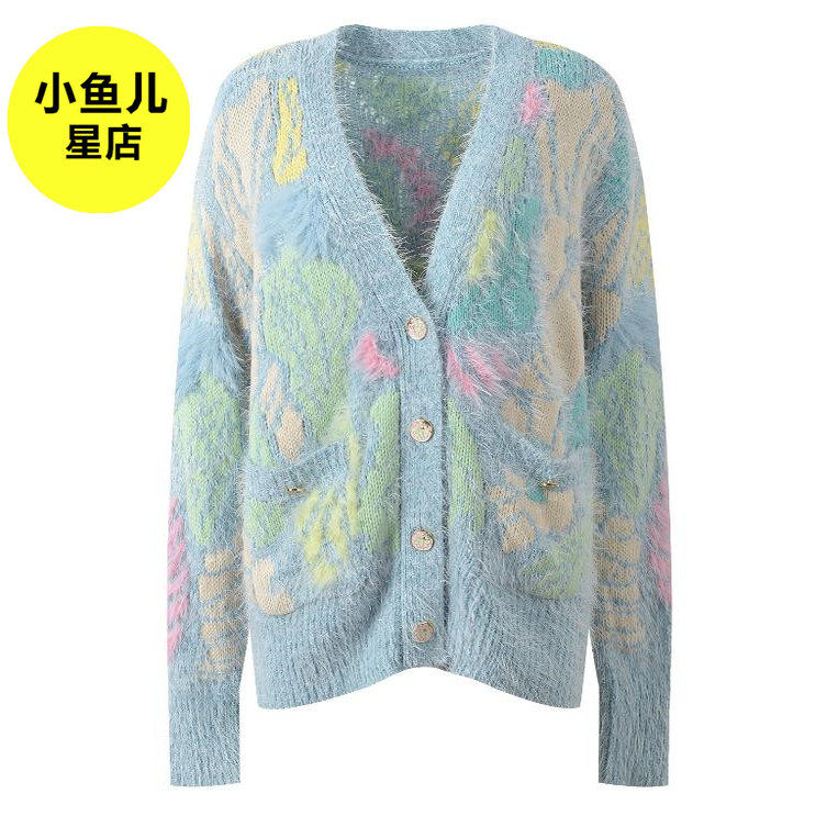 法式浪漫秋季新款彩色云朵纽扣清新甜美宽松百搭V领针织开衫上衣