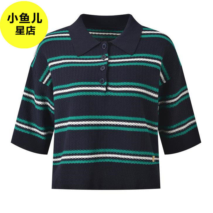 法式复古学院风早秋POLO领休闲风条纹提花百搭五分袖针织T恤上衣