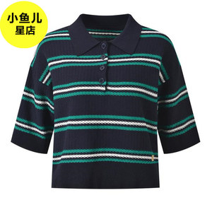 法式复古学院风早秋POLO领休闲风条纹提花百搭五分袖针织T恤上衣