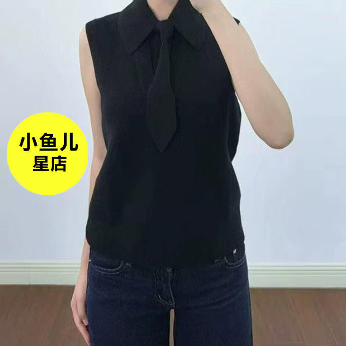 法式浪漫秋季款设计感领带方领时尚简约气质无袖针织套头背心上衣