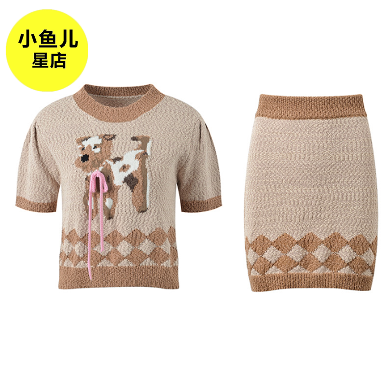 高端欧货 时尚减龄小众设计小狗图案针织圆领上衣包臀短半裙套装