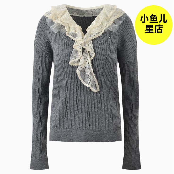 法式浪漫秋冬名媛风小众洋气宽松百搭卷边大鹅刺绣长袖针织衫上衣