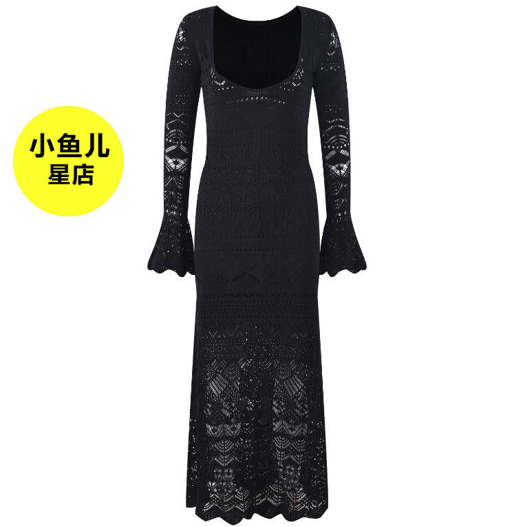 法式浪漫夏季新款女装法式气质长款黑色针织钩花连衣裙长袖纯色黑