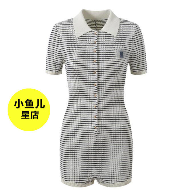 法式浪漫名媛风新款polo领单排扣撞色条纹修身显瘦短袖针织连体裤