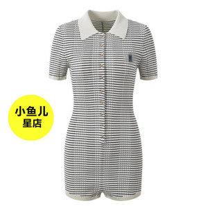 法式浪漫名媛风新款polo领单排扣撞色条纹修身显瘦短袖针织连体裤