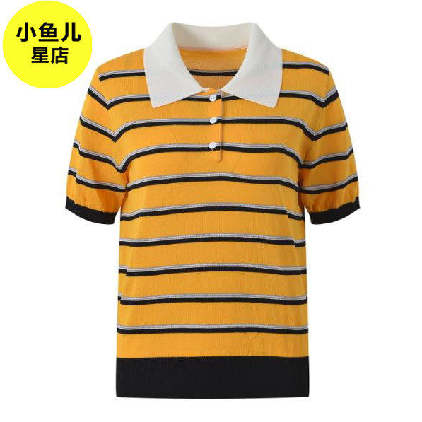 法式浪漫夏季新款撞色条纹白色POLO领休闲风百搭短袖针织衫上衣女