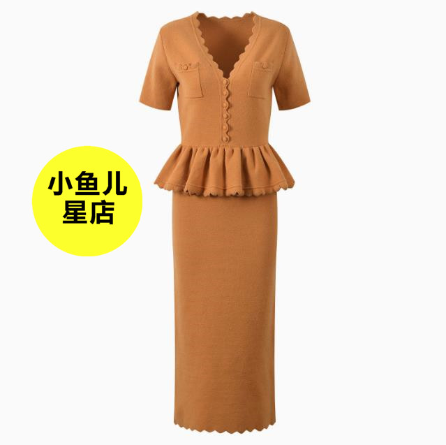法式春季新款浅驼棕优雅V领修身显瘦荷叶边短袖中长裙针织连衣裙