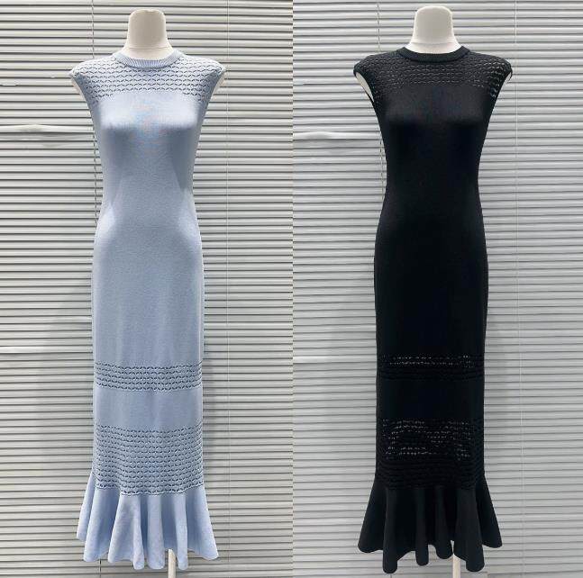 法式浪漫春夏款气质时尚修身显瘦绞花圆领无袖长款鱼尾针织连衣裙