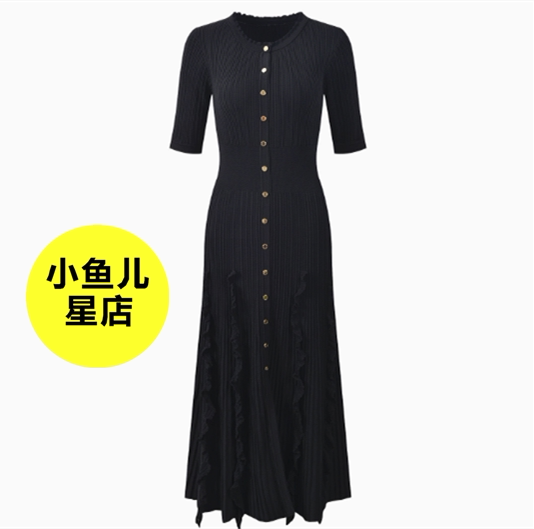 高端版夏季新款法式设计感荷叶边绞花拼接收腰显瘦长款针织连衣裙
