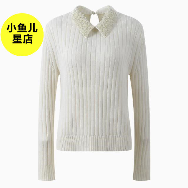 法式浪漫春季新款白色钉珠翻领竖坑条气质时尚减龄百搭针织衫上衣
