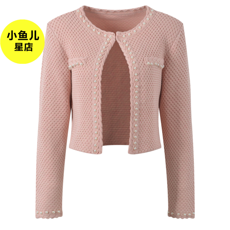 高端版法式浪漫小香风圆领重工钉珠时尚百搭减龄短款针织开衫外套