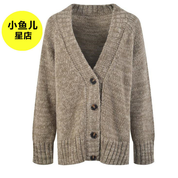 法式浪漫秋冬款卡其色慵懒风粗针毛衣开衫设计感宽松显瘦针织外套