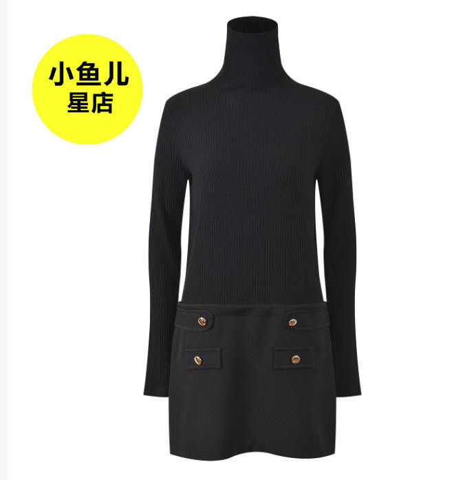 法式浪漫秋冬新款经典黑高领拼接小众气质时尚修身显瘦长袖连衣裙
