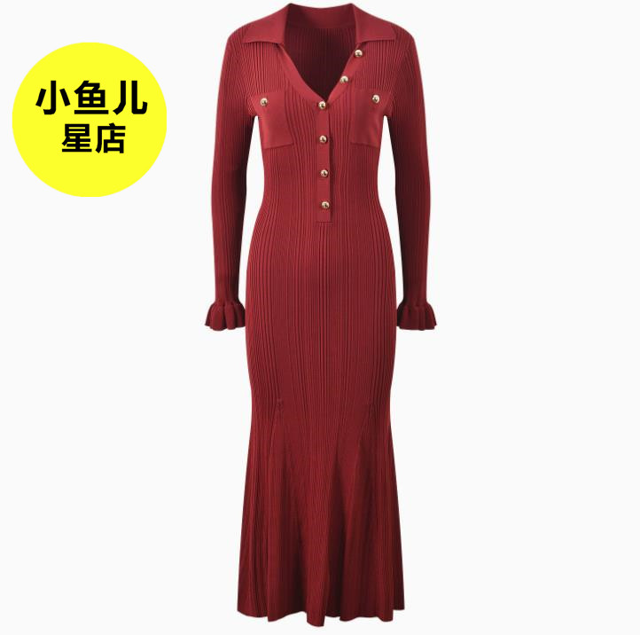 法式浪漫秋冬新款V领气质尚优雅修身显瘦喇叭袖长款针织连衣裙女