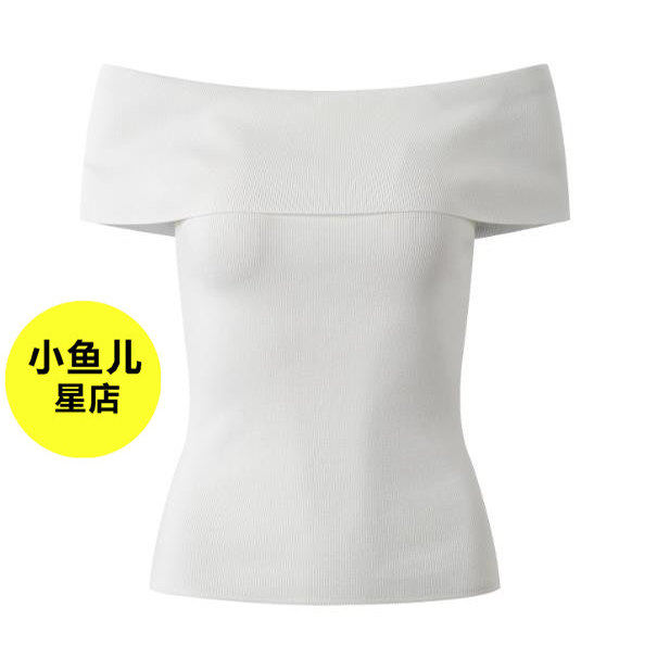 法式浪漫名媛风性感一字领白色修身显瘦气质时尚短款百搭针织上衣