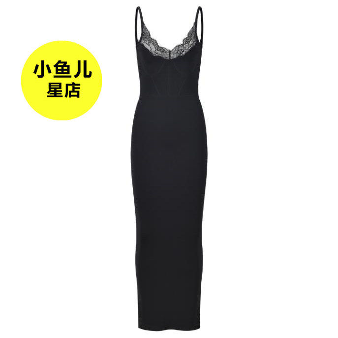 法式浪漫夏季新经典黑色蕾丝拼接修身显瘦性感包臀长款吊带连衣裙