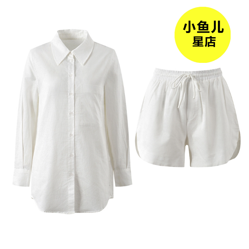 韩版减龄两件套白色棉麻宽松休闲长款衬衫运动松紧腰短裤时尚套装