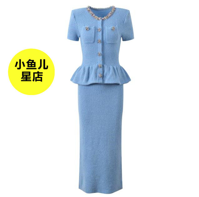 法式浪漫秋冬款小香风轻奢钻饰圆领修身显瘦假两件短袖针织连衣裙