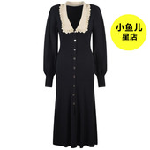 元 s家法式 优雅针织鱼尾裙连衣裙复古翻领灯笼袖 修身 显瘦长裙