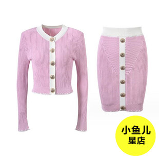 针织开衫 外套短裙 欧货巴黎B@漫圆领撞色下摆花边金扣修身 高端版