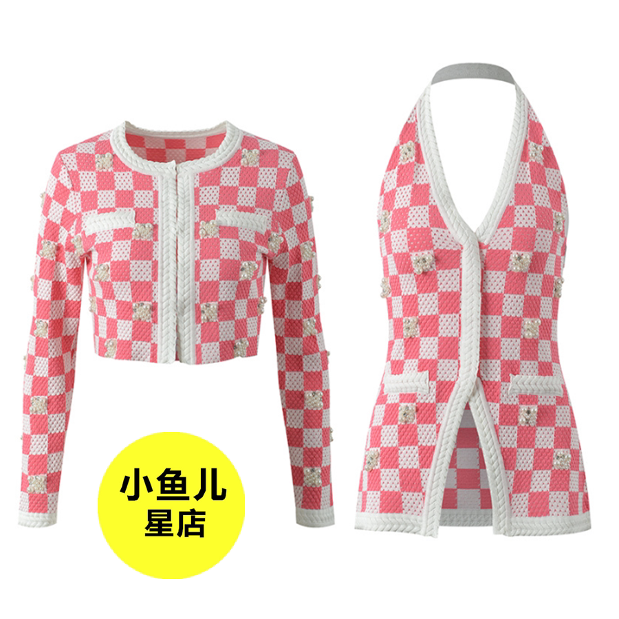 高端欧货 春夏设计感甜美粉色格纹钉珠针织开衫外套背心马甲系列