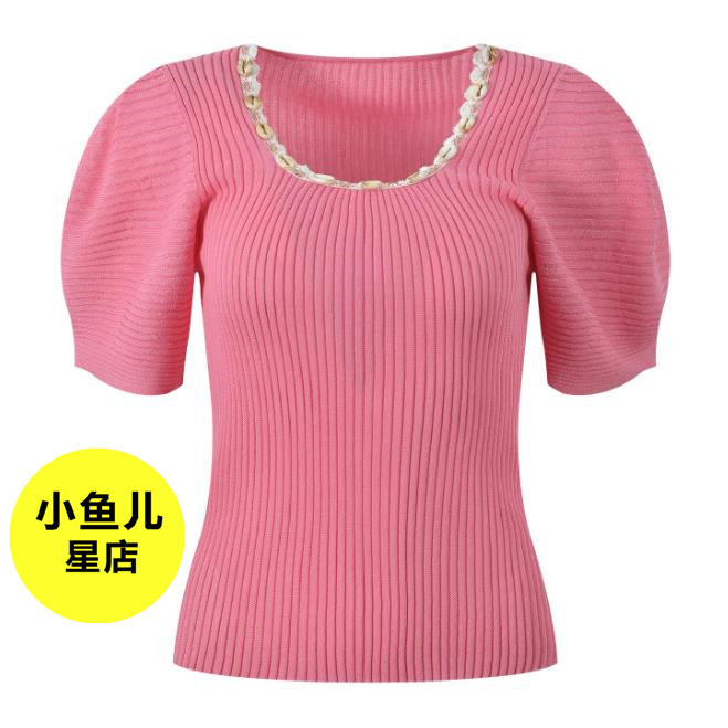 法式浪漫夏季款设计感贝壳装饰圆领灯笼袖套头针织衫短袖T恤上衣