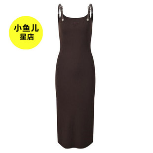法式浪漫夏季新款棕色后下摆开叉气质时尚性感修身显瘦吊带连衣裙