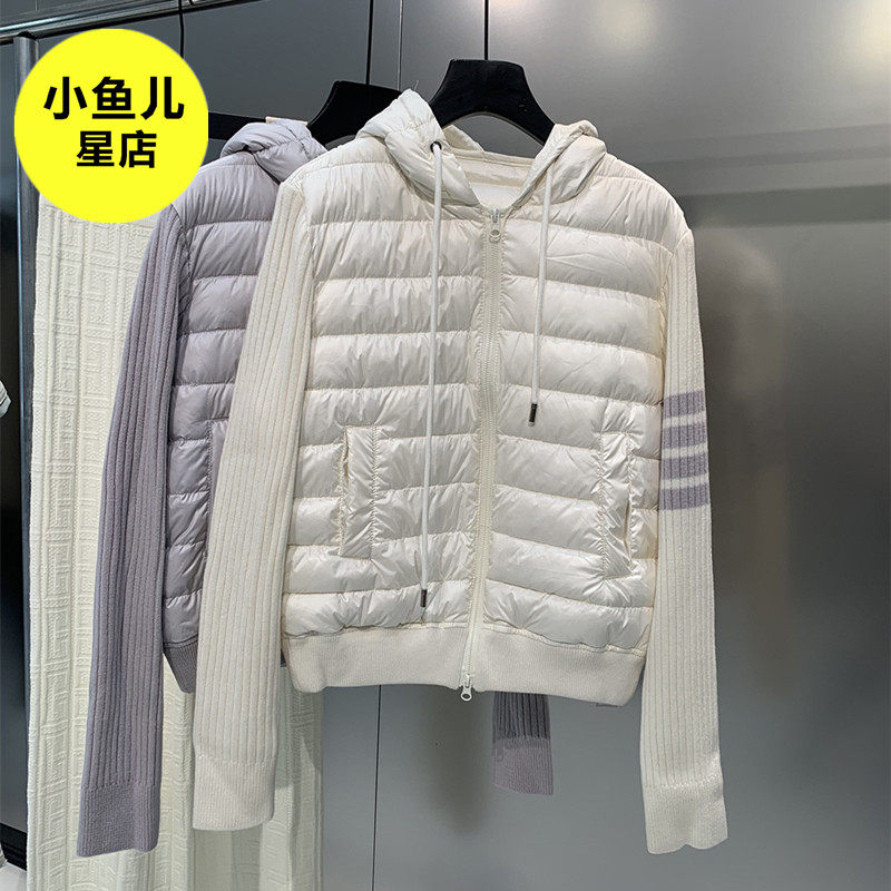法式复古学院TB风格四道杠针织拼接拉链连帽羽绒服短款显瘦上衣女